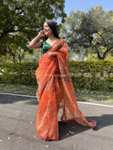 White Pearl Work Pure Organza Royal Orange Saree